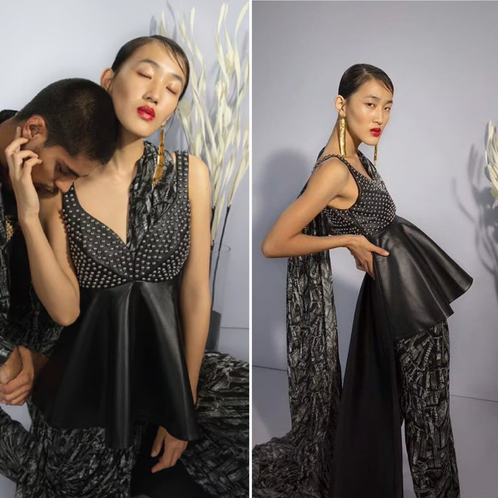 Masaba Gupta Game of Thrones High Low Black Faux Leather Studded Blouse